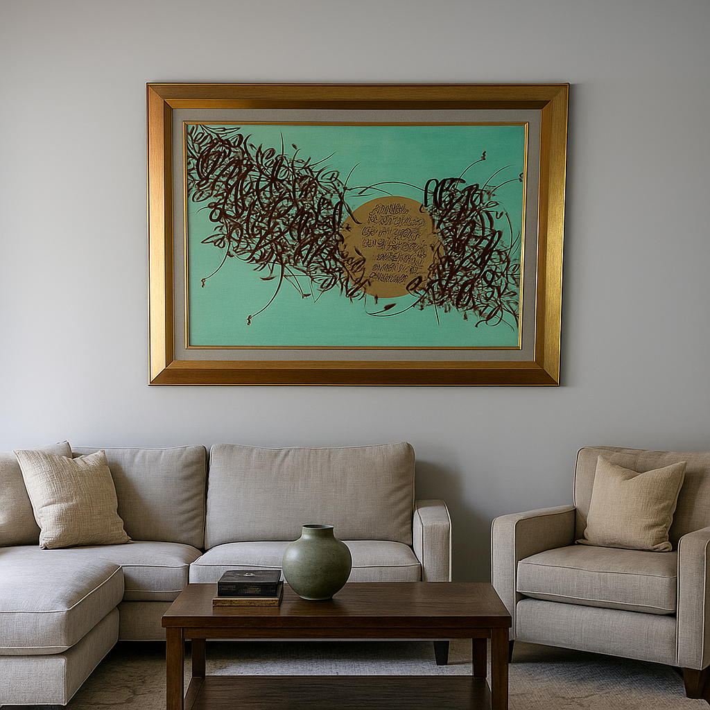 Handmade Painting of Surah Al Fateha in Mushq Style with Antique Gold Frame with gold liner