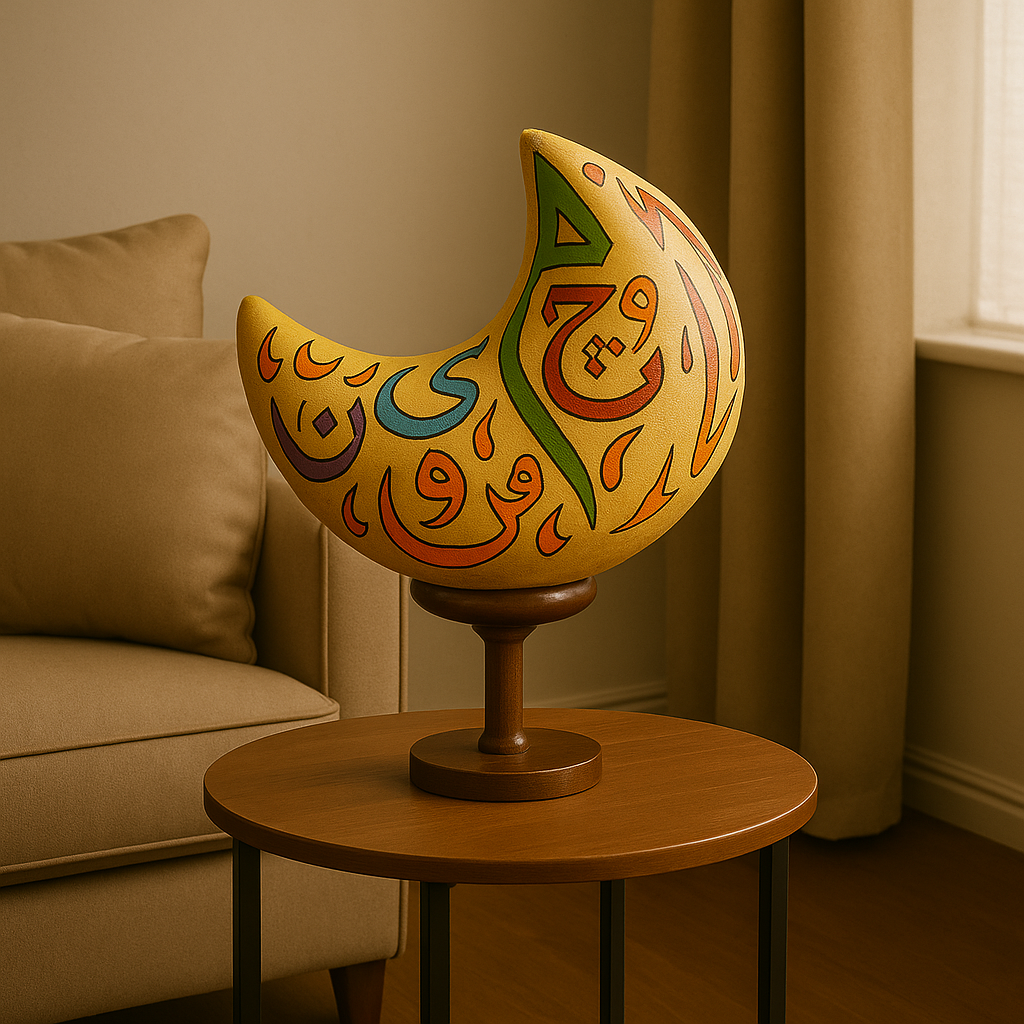 Handcrafted Calligraphy Crescent Camel Skin Lamp with multicolor motifs.