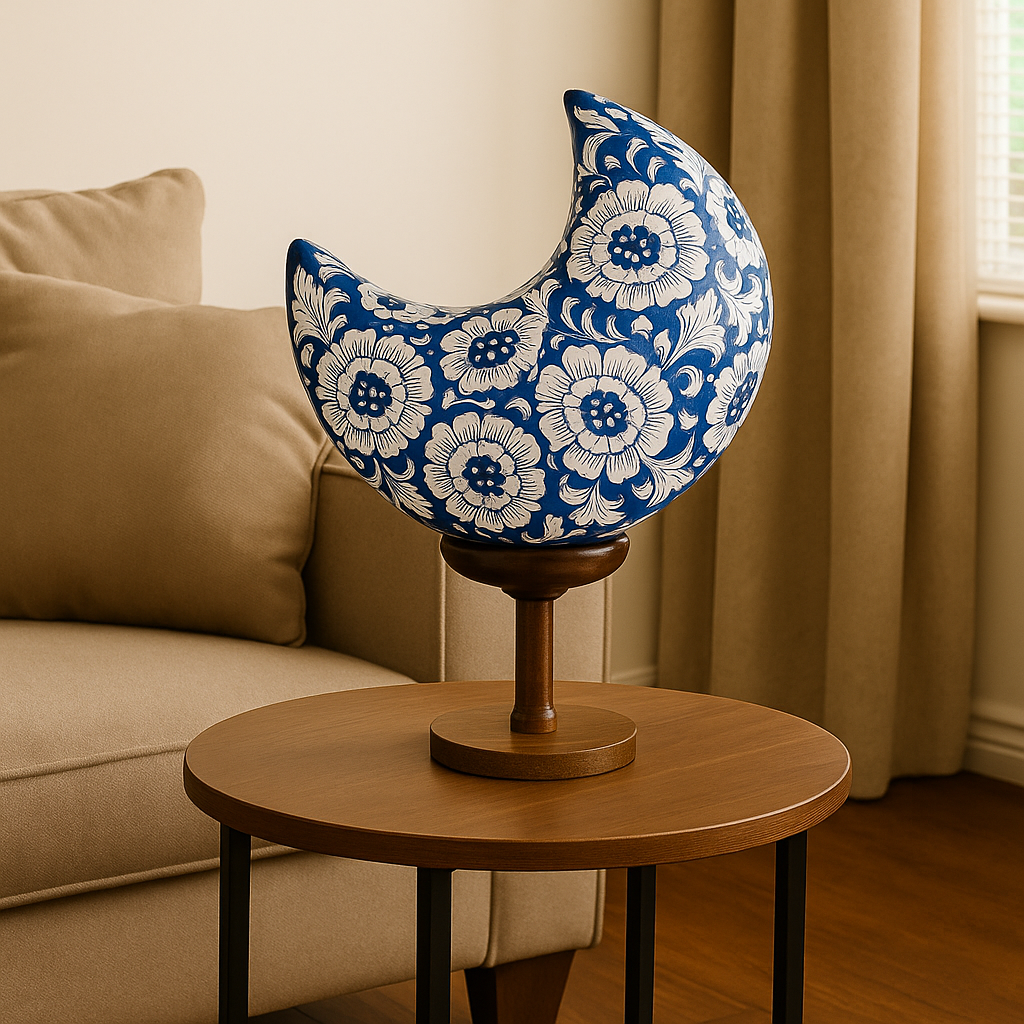Handcrafted Camel Skin Moon Lamp with blue floral design.