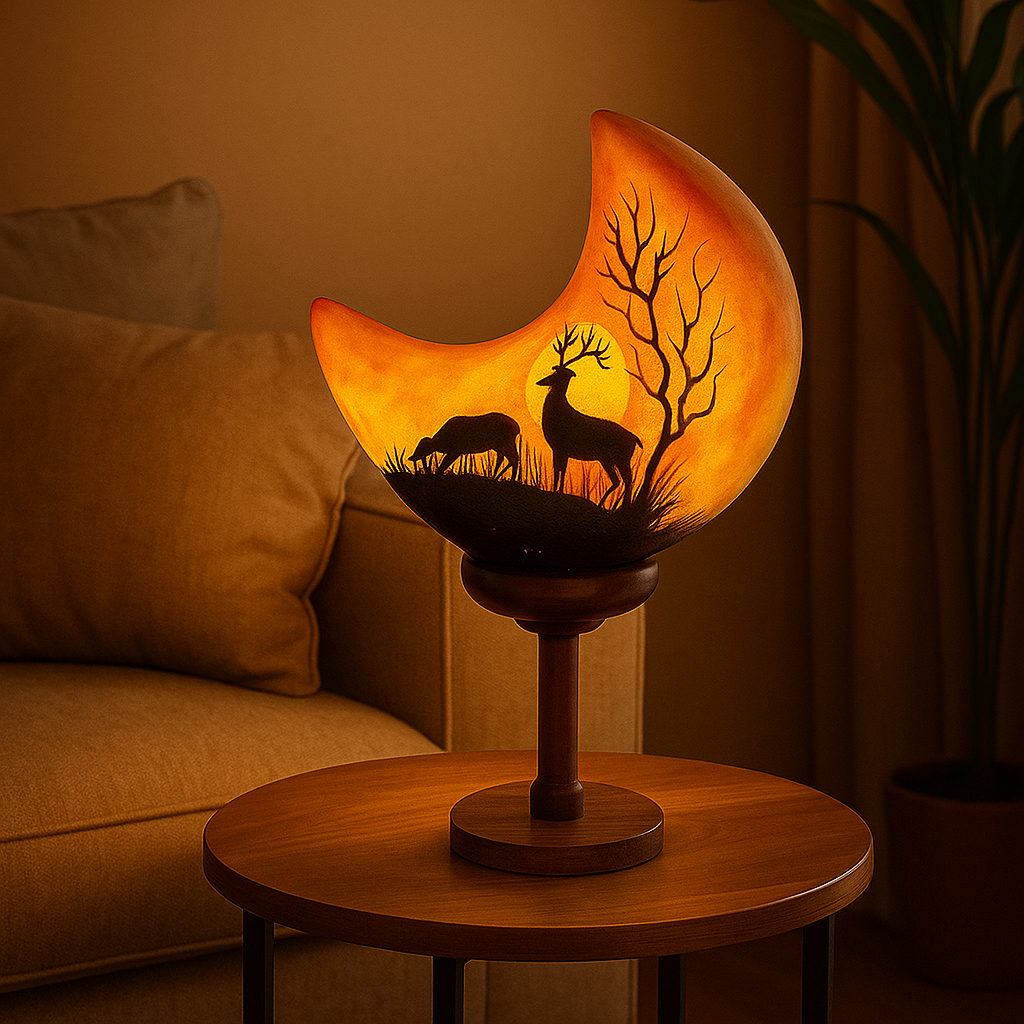 Handcrafted Wildlife Crescent Camel Skin Lamp with deer & tree design.